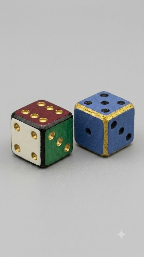 Duo de dés peints, rouge-vert-blanc et bleu doré