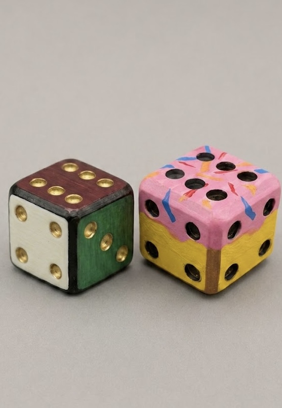 Dé rose et jaune motifs peints à la main à côté d'un dé classique