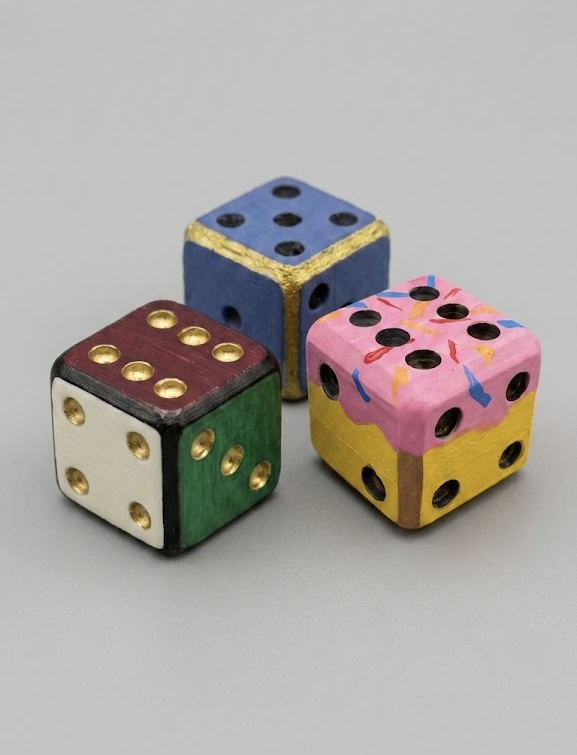 Trio de dés colorés, bleu, rose-jaune et rouge-vert-blanc